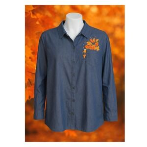 Quacker Factory Chambray‎ Shirt XL NWT Embroidered Leaves Floral Button Front